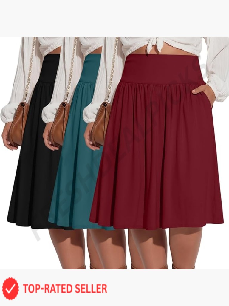 Plus Size Midi Pleated Skirt Flared A Line High Waist Pockets Summer Flowy